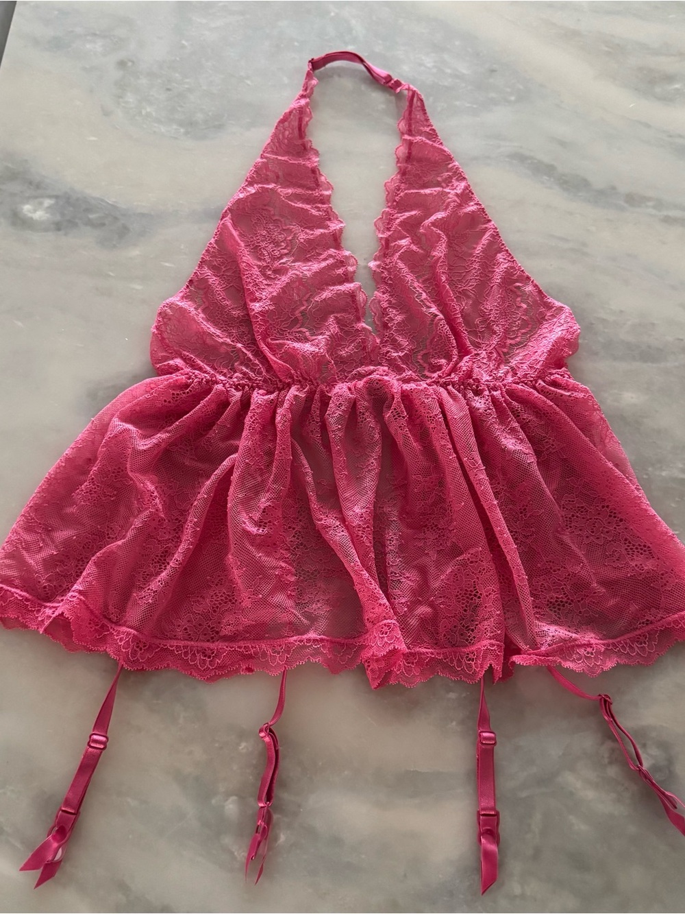 Victoria’s Secret Sexy Sheer Lace Mesh Garter Slip Pink Babydoll Lingerie Size S